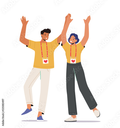 Happy Volunteers Team Rejoice Together. United People From Donation Community, Social Charity Or Volunteering Service