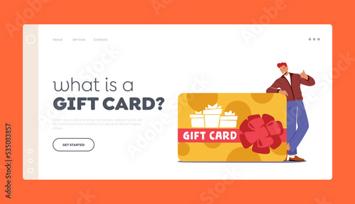 Customers Loyalty Program Landing Page Template. Man Buyer Stand near Huge Gift Card Showing Thumb Up, Consumerism