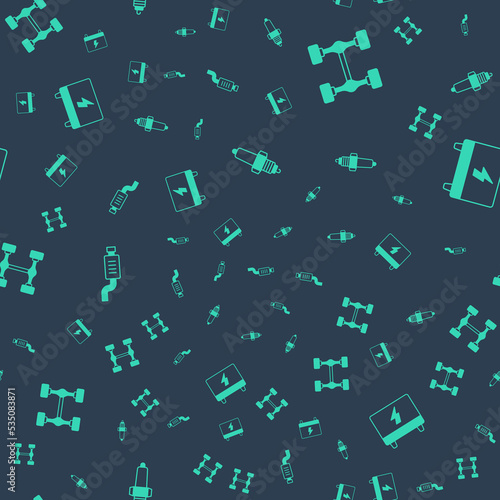 Set Car spark plug, Chassis car, muffler and battery on seamless pattern. Vector
