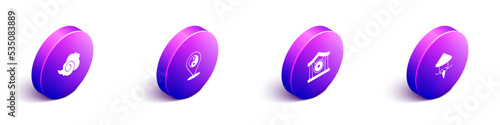 Set Isometric Magic fog or smoke, Yin Yang symbol, Gong musical instrument and Asian Chinese conical straw hat icon. Vector