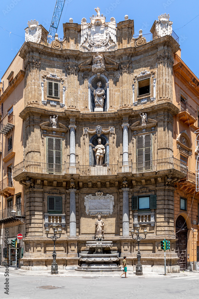 Palermo, Sicily, Italy - July 6, 2020: Quattro Canti, one of the octagonal four sides of medieval Baroque square in Palermo of Sicily, southern Italy