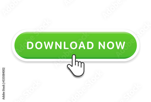 3d download now green button with hand cursor. Save cloud icon button hand pointer clicking. Click here banner with shadow. Click push button isolated. Online shopping.