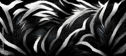 Spectacular closeup image of zebra fur with realistic texture pattern in black and white. Detail in high resolution. High resolution detail. Digital art 3D illustration.