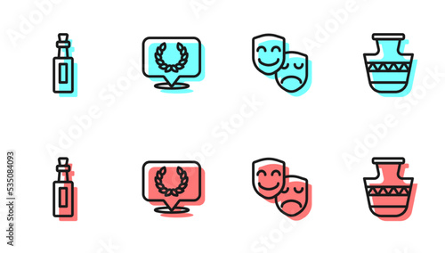 Set line Comedy and tragedy masks, Bottle of olive oil, Laurel wreath and Ancient amphorae icon. Vector