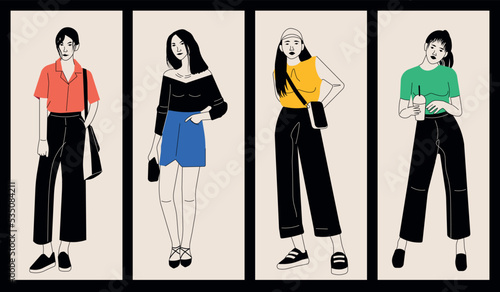 Set of young women dressed in stylish trendy clothes. Fashion look. Female models standing in various poses. Different clothing. Fashionable ladies. Flat vector illustration
