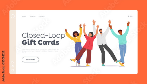 Closed Loop Gift Cards Landing Page Template. Happy People Raising and Waving Hands. Young Male and Female Characters
