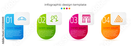 Set line Croissant, Wine glass, Triumphal Arch and Louvre pyramid. Business infographic template. Vector