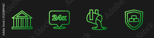 Set line Molten gold being poured, Bank building, Gold bars 24k and with shield. Gradient color icons. Vector