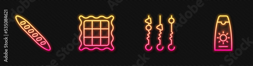 Set line Grilled shish kebab on skewer, French baguette bread, Checkered napkin and Sunscreen cream tube. Glowing neon icon. Vector
