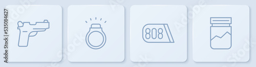 Set line Pistol or gun, Drum machine music, Diamond ring and Plastic bag of drug. White square button. Vector