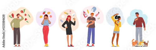 Allergy Diagnosis Concept, Male And Female Allergic Characters With Reaction On Flowers, Medicine, Seasonal Pollen, Cats
