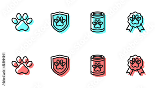 Set line Canned food, Paw print, Animal health insurance and Pet award symbol icon. Vector