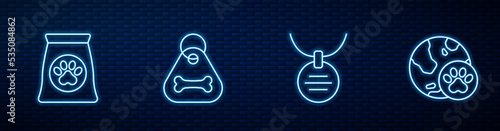 Set line Collar with name tag, Bag of food for pet, Dog collar bone and World. Glowing neon icon on brick wall. Vector