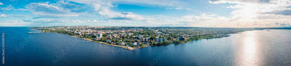 Aerial panorama of the embankment of Petrozavodsk., Russia, the administrative center of Republic of Karelia. Sunset on Lake Onega