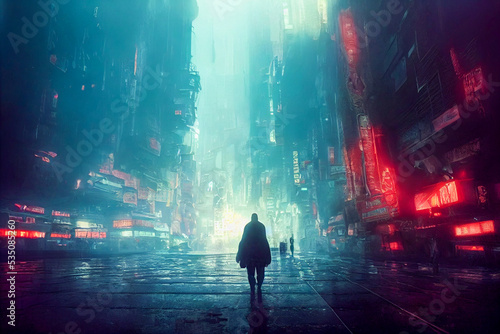 Cyberpunk facing a dystopian city. Digital illustration sci fi cityscape. photo