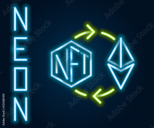 Glowing neon line Ethereum exchange NFT icon isolated on black background. Non fungible token. Digital crypto art concept. Colorful outline concept. Vector
