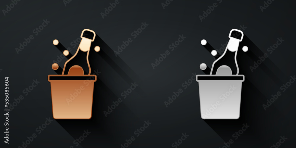 Gold and silver Bottle of champagne in an ice bucket icon isolated on black background. Long shadow style. Vector - obrazy, fototapety, plakaty 