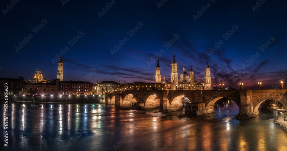 Basilica del Pilar in Zaragoza, beautiful touristic destination with different angles night day blue hours and reflections