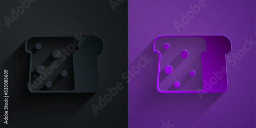 Paper cut Bread toast for sandwich piece of roasted crouton icon isolated on black on purple background. Lunch, dinner, breakfast snack. Paper art style. Vector