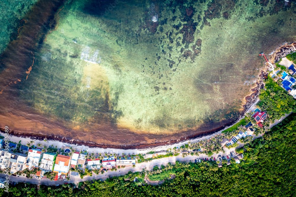Aerial view of the Akumal Bay in Quintana Roo, Mexico. Caribbean Sea ...