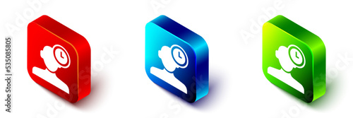 Isometric Insomnia icon isolated on white background. Sleep disorder with capillaries and pupils. Fatigue and stress. Red, blue and green square button. Vector