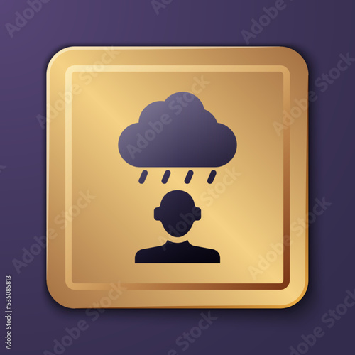 Purple Depression and frustration icon isolated on purple background. Man in depressive state of mind. Mental health problems. Gold square button. Vector