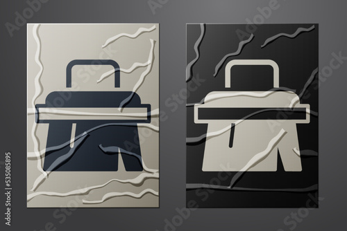 White Sauna brush icon isolated on crumpled paper background. Wooden brush with coarse bristles for washing in the bath. Anti cellulite massage. Paper art style. Vector
