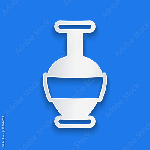 Paper cut Ancient amphorae icon isolated on blue background. Paper art style. Vector