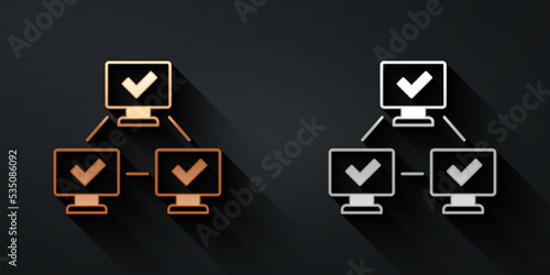 Gold and silver NFT blockchain technology icon isolated on black background. Non fungible token. Digital crypto art concept. Long shadow style. Vector