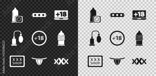 Set Condom, Silicone ball gag with belt, Laptop 18 plus content, Sex shop, Woman panties, Penis pump and Plus movie icon. Vector