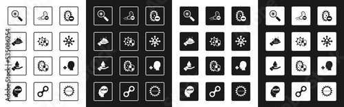 Set Negative virus, Shield protecting from, Washing hands with soap, Virus under magnifying glass, Man coughing and icon. Vector