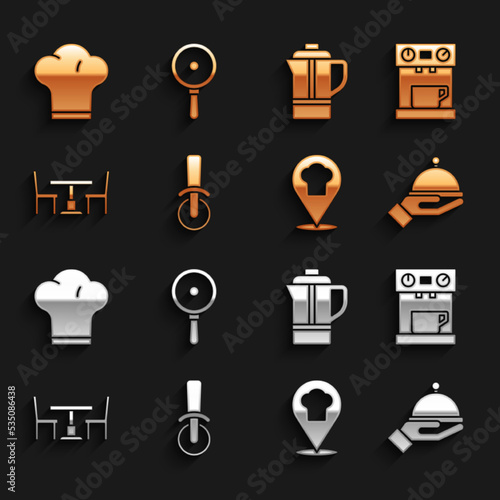 Set Pizza knife, Coffee machine, Covered with tray, Chef hat location, Wooden table chair, Teapot, and Frying pan icon. Vector