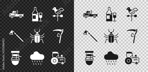 Set Pickup truck, Wine bottle with glass, Rooster weather vane, Well bucket, Cloud rain, Tractor, Garden hoe and Insect fly icon. Vector
