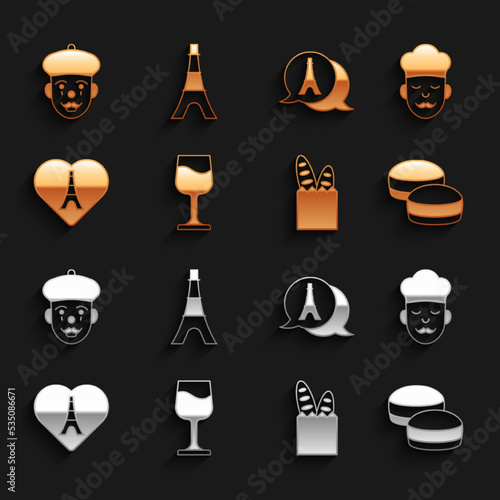 Set Wine glass, Cook, Macaron cookie, French baguette bread, Eiffel tower with heart, mime and icon. Vector