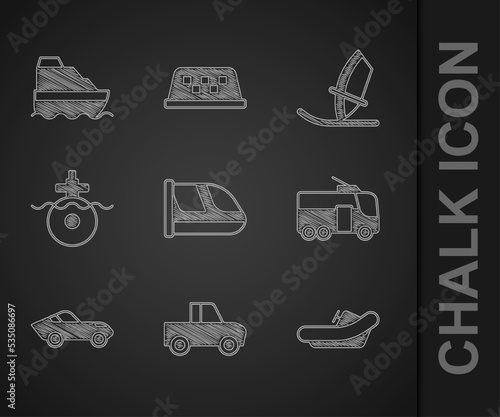 Set Train and railway, Pickup truck, Rafting boat, Trolleybus, Car, Submarine, Windsurfing and Cruise ship icon. Vector