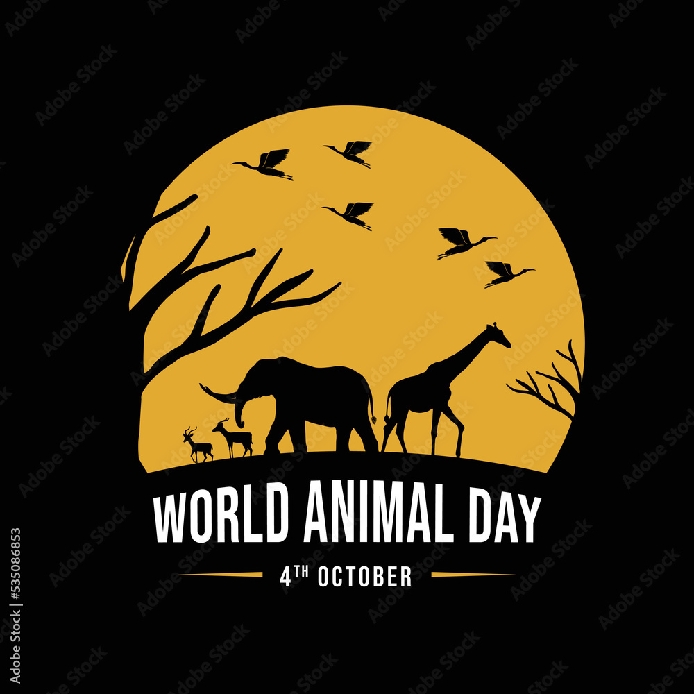 World animal day 4th October, Wildlife Day, Flat Vector Illustration, wildlife welfare day, World Wildlife Day, Wild animals silhouette, love animals banner, poster, social media post, yellow banner.
