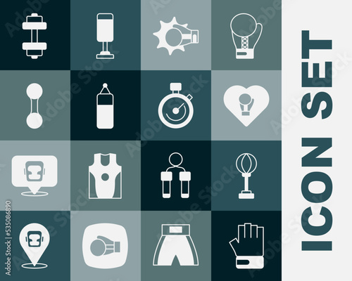 Set MMA glove, Punching bag, Boxing, boxing, Dumbbell, and Stopwatch icon. Vector