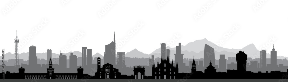 Fototapeta premium Milan city skyline. Italy, famous architectural tourist landmarks. Travel background with historic buildings. European urban italian landscape.