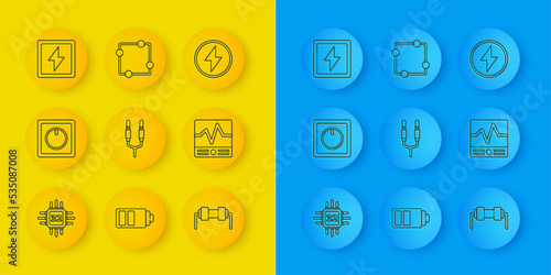 Set line Processor with microcircuits CPU, Electric light switch, Audio jack, Resistor electricity, Electrical measuring instruments, Lightning bolt, and scheme icon. Vector