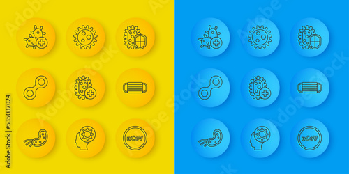 Set line Virus, Positive virus, Corona 2019-nCoV, Medical protective mask, Shield protecting from and icon. Vector