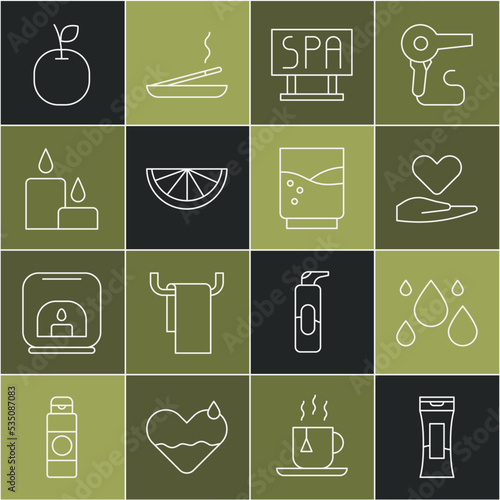 Set line Bottle of shampoo, Water drop, Heart on hand, Spa salon signboard, Citrus fruit, Burning candle, Apple and Glass with water icon. Vector