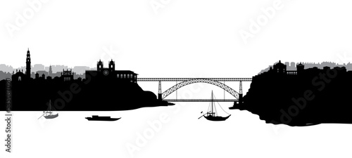 Portugal city Porto panoramic tourist skyline view. Portuguese cityscape with famous bridge thour Douro river