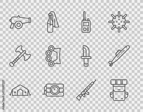 Set line Military medical tent, Hiking backpack, Walkie talkie, Dynamite and timer clock, Cannon, Brass knuckles, Sniper rifle with scope and Submarine icon. Vector