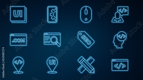 Set line Front end development, Computer mouse, UI or UX design, SEO optimization and Web icon. Vector