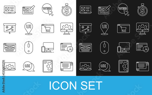 Set line UI or UX design, Website statistic, development, and graphic, Planning strategy concept, and Online shopping screen icon. Vector