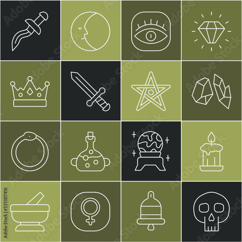 Set line Skull, Burning candle, Magic stone, Masons, Medieval sword, King crown, Dagger and Pentagram icon. Vector