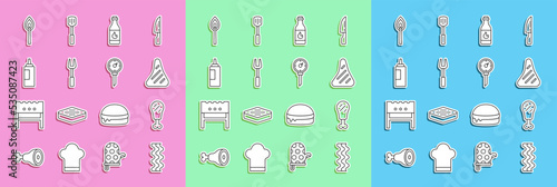 Set line Bacon stripe, Chicken leg, Steak meat, Tabasco sauce, Barbecue fork, Sauce bottle, Burning match with fire and Kitchen thermometer icon. Vector