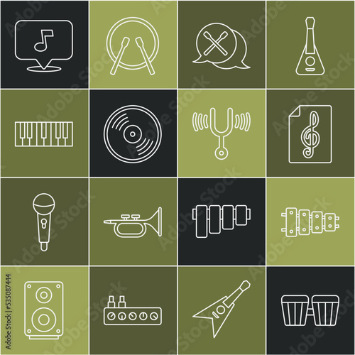 Set line Drum, Xylophone, Treble clef, sticks, Vinyl disk, Music synthesizer, note, tone and Musical tuning fork icon. Vector