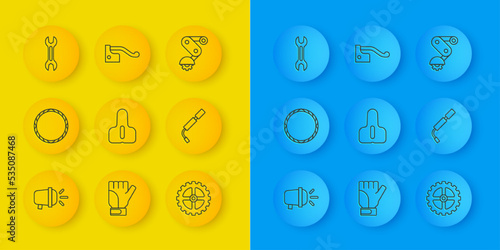 Set line Bicycle head lamp, wheel, seat, sprocket crank, air pump, Wrench spanner, Derailleur bicycle rear and brake icon. Vector