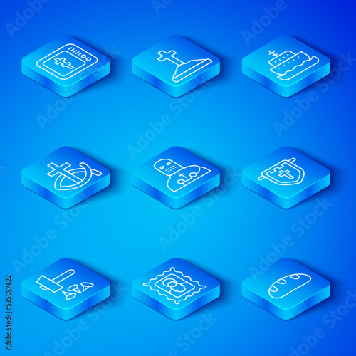 Set line Crucifixion of Jesus Christ, Knight crusader, Christian icon, Flag with christian cross, Ark noah, fish, Online church pastor preaching and Bread loaf icon. Vector